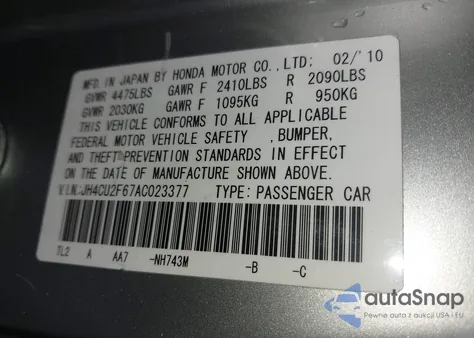 2010 Acura Tsx 2.4 z USA, uszkodzony, nr VIN JH4CU2F67AC023377